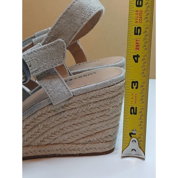 Lucky Brand Sandals Sz 8.5 Strappy Espadrille Wedge Heel Natural & Gold Metallic - Picture 14 of 16